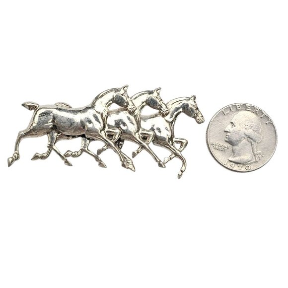Sterling Silver Horses Brooch, Trio Stallions Pin - Picture 7 of 8